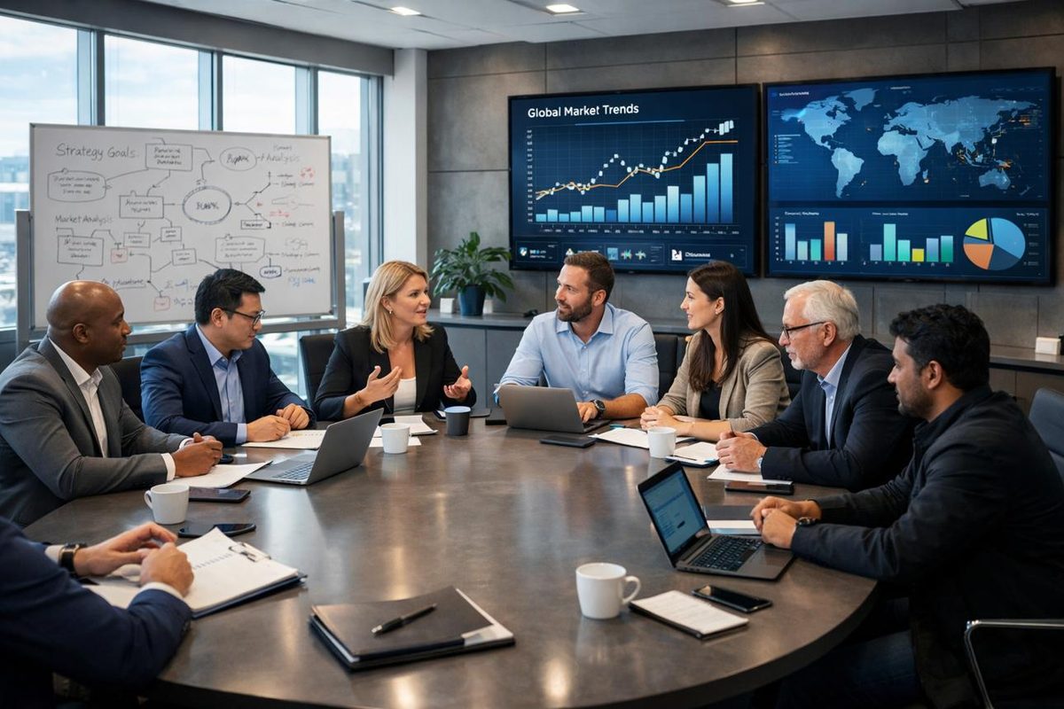 NextWave consultants reviewing business performance data with a client team